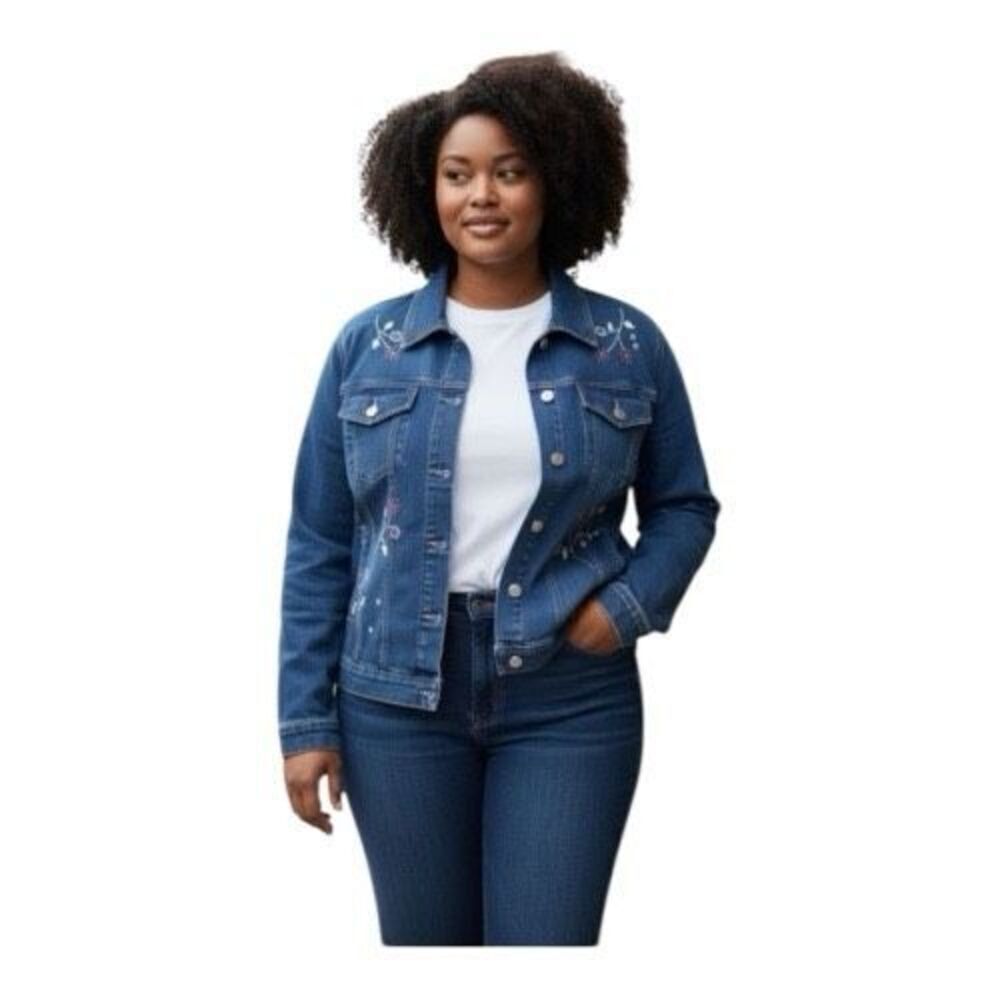 Alfred Dunner Blue Denim Jacket Floral Embroidered Size 16 Petite Button Front
